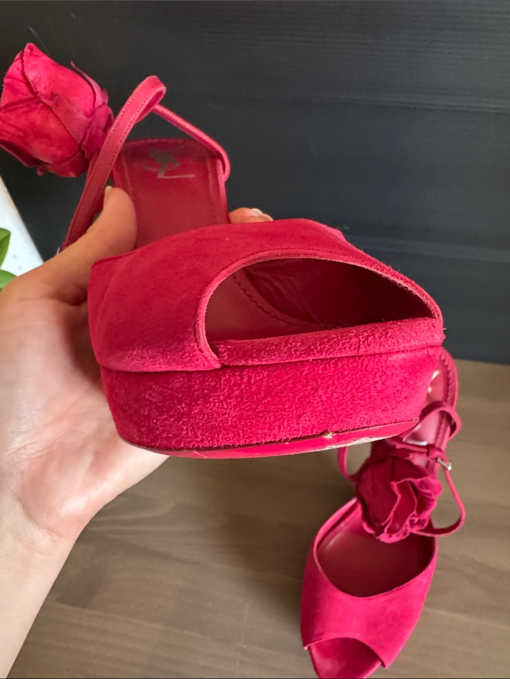 Saint Laurent Red Suede Peep-Toe Stiletto Sandals with Rosette - Picture 4 of 12